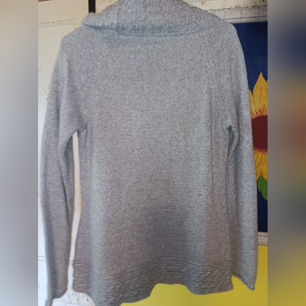 White House Black Market Gray With Sparkling Silver Accents Cowl Neck Sweater M - Picture 2 of 3